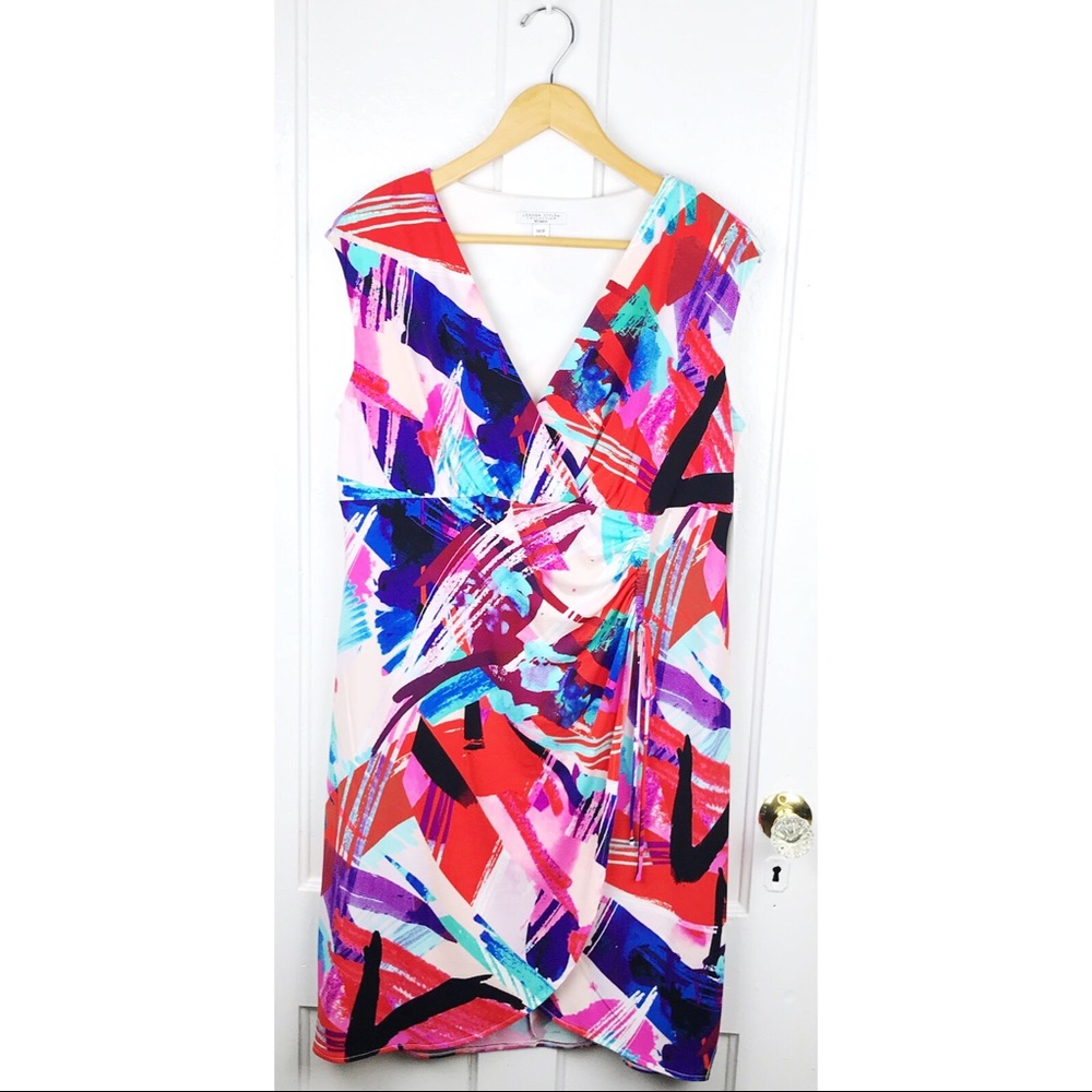 NWT London Style Collection : size 14W : pink colorful v-neck sleeveless dress